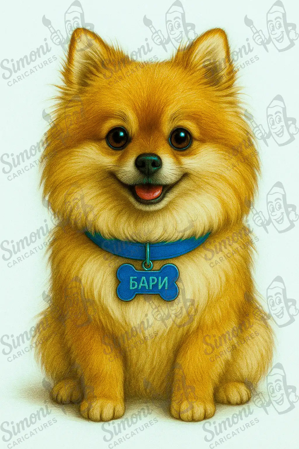 Карикатура на рошаво куче с кафява козина и син медальон с надпис "Бари" – Simoni Caricatures, портрет на домашен любимец